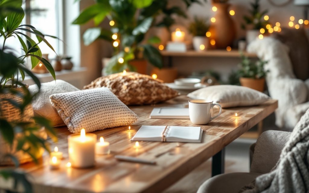Un espace de bureau serein, décoré de coussins confortables et de bougies allumées, avec une lumière douce et des éléments en bois naturel, créant une atmosphère chaleureuse et apaisante.