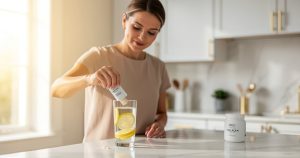 Femme mélangeant de la poudre de collagène dans un verre d'eau citronnée le matin