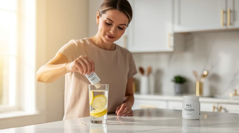 Femme mélangeant de la poudre de collagène dans un verre d'eau citronnée le matin
