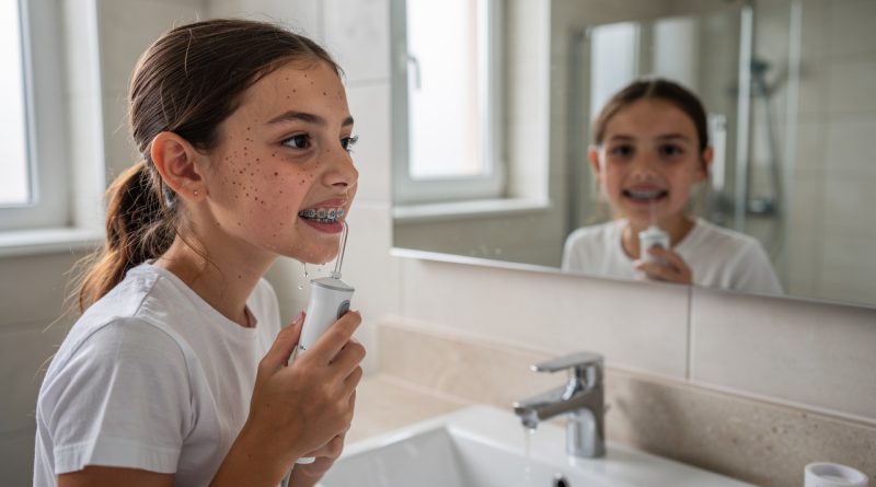 Une adolescente portant un appareil dentaire utilise un hydropulseur devant un miroir de salle de bains.