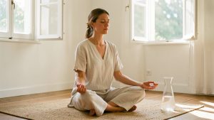 Une femme assise en méditation dans une pièce claire et ombragée, près d’une fenêtre entrouverte et d’une carafe d’eau, baignée par la douce lumière d’un matin d’été.