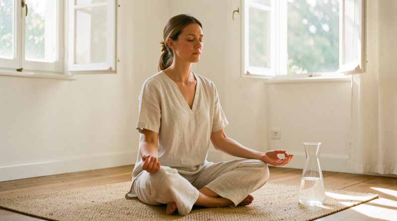 Une femme assise en méditation dans une pièce claire et ombragée, près d’une fenêtre entrouverte et d’une carafe d’eau, baignée par la douce lumière d’un matin d’été.