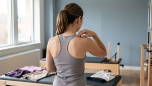 Une jeune femme vue de dos examine quelques petites imperfections cutanées sur le haut de son dos dans un studio de Pilates propre.
