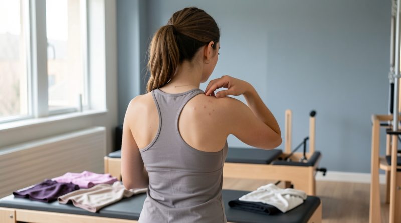 Une jeune femme vue de dos examine quelques petites imperfections cutanées sur le haut de son dos dans un studio de Pilates propre.