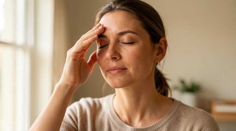 Une femme détend doucement sa mâchoire et son front dans une atmosphère calme et lumineuse.