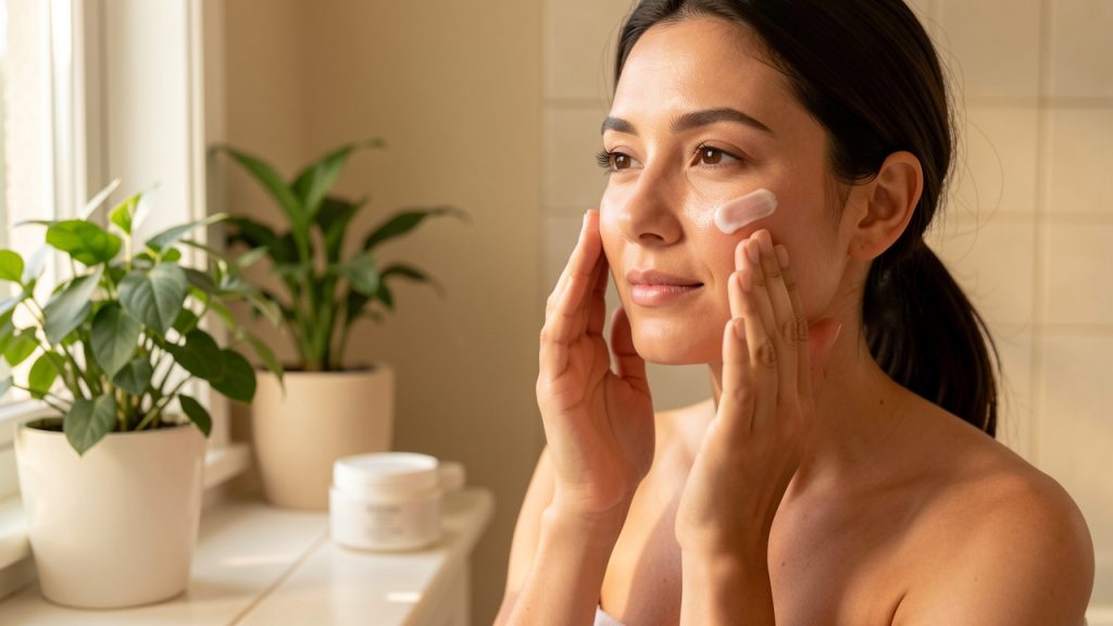 Une femme applique délicatement une crème hydratante sur son visage dans une salle de bain lumineuse, évoquant une routine simple pour retrouver de l’éclat.