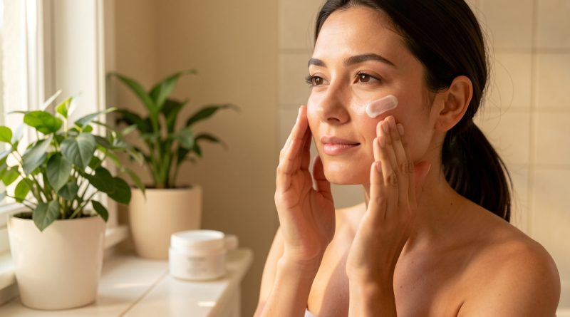 Une femme applique délicatement une crème hydratante sur son visage dans une salle de bain lumineuse, évoquant une routine simple pour retrouver de l’éclat.