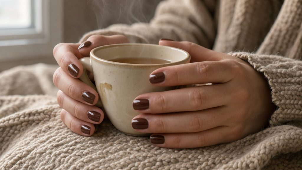 Gros plan éditorial des mains d’une femme aux ongles marron chocolat brillants, tenant une tasse de thé près d’une maille beige, dans une douce lumière automnale.