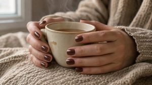 Gros plan éditorial des mains d’une femme aux ongles marron chocolat brillants, tenant une tasse de thé près d’une maille beige, dans une douce lumière automnale.