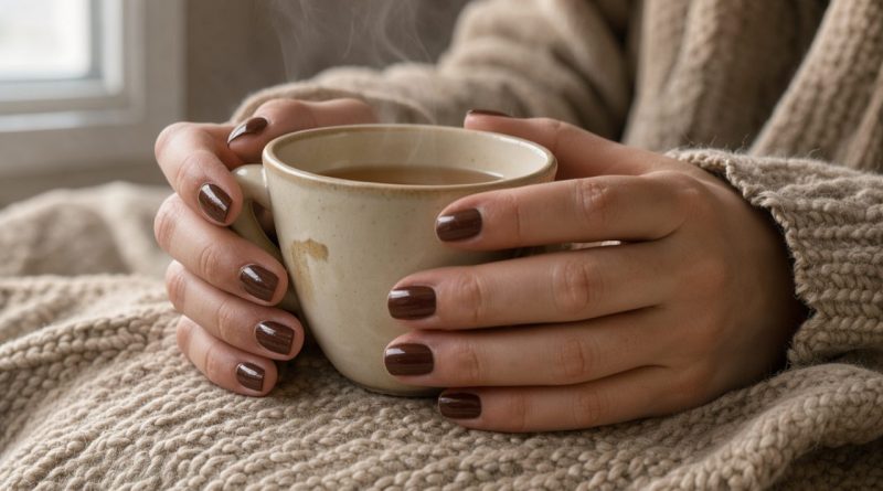 Gros plan éditorial des mains d’une femme aux ongles marron chocolat brillants, tenant une tasse de thé près d’une maille beige, dans une douce lumière automnale.
